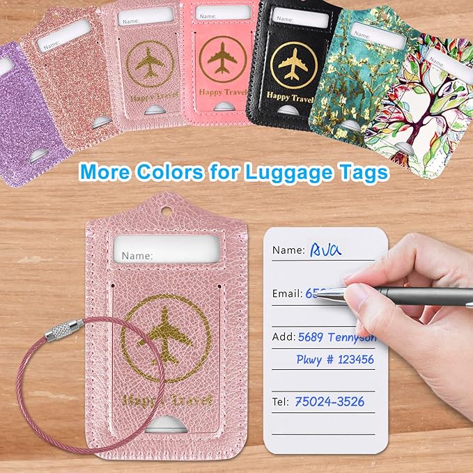 ACdream Luggage Tags 2 Pack, Leather Suitcase Tags Identifiers, Cute Cruise ID Labels with Privacy Cover fits on Backpack, Travel Bag, for Women, Men, Adults, Kids, Rose Gold