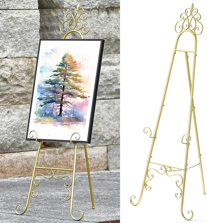 Metal Easel Stand for Sign with Chain Support, Gold Extra Large Scroll Floor Standing Easel for Display Wedding Sign Picture Frame Mirror, 59" H × 22" L × 20" W