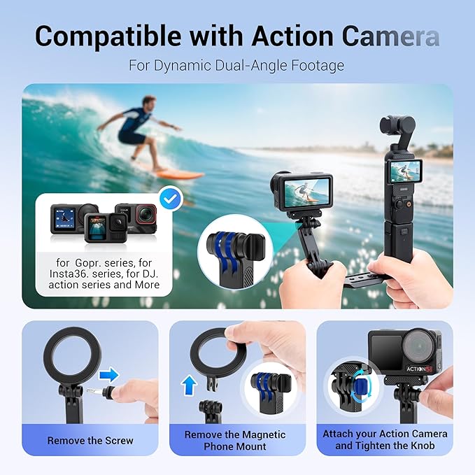 JJC Pocket 3 Magnetic Phone Mount with 1/4" 20 Screw & Thread, Phone Holder for Insta360 X5 X4 X3 / Pocket 3 / Xtra Muse Accessories, Compatible with Arca-Swiss Standard, Tripod & Expansion Mount