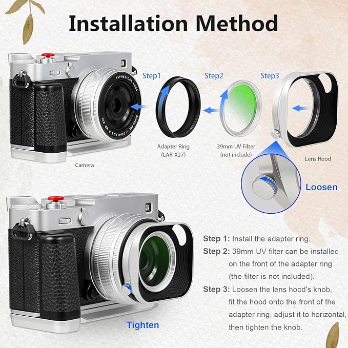 Haoge Metal Squaret Lens Hood for Fujifilm XE5 XF 23mm f2.8 Kit Fujinon XF27mmF2.8 R WR Lense Hood Silver with 39mm E39 Filter Thread,Screw-in Lens Hood with Hollow Out Designed