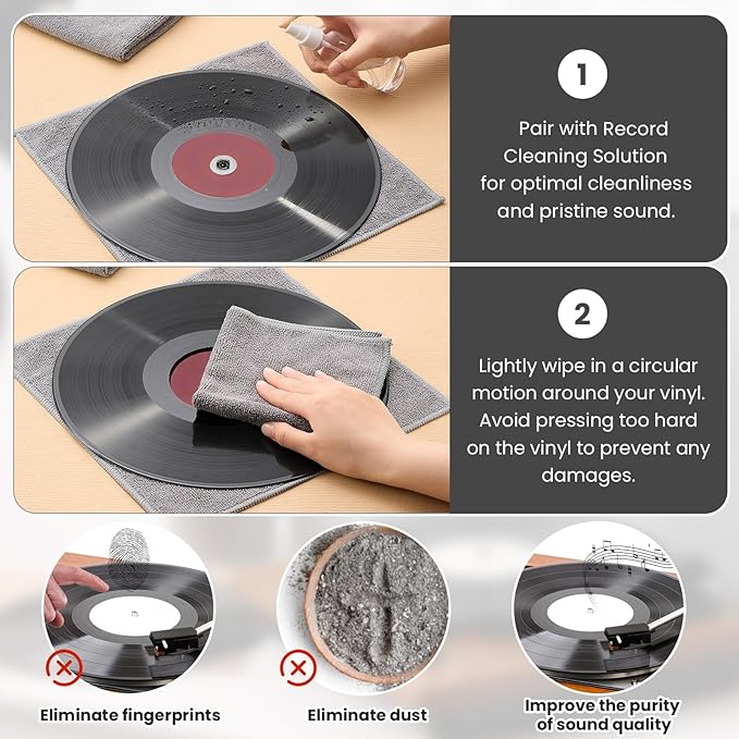 Honeydak 8 Pack Microfiber Record Cleaning Cloth, 12" x 12" Reuseable Anti Static Towels for Glasses, TV Screen, Laptop, Musical Instrument, Ultra Absorbent, Lint Free, Streak Free(Gray)