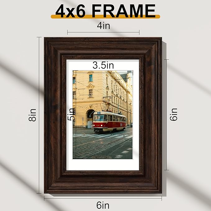Vittanly 4x6 Picture Frames Set of 2, Ornate Vintage Photo Frame for Wall or Tabletop, Display 3.5x5 Pictures with Mat or 4x6 without Mat, Rustic Brown