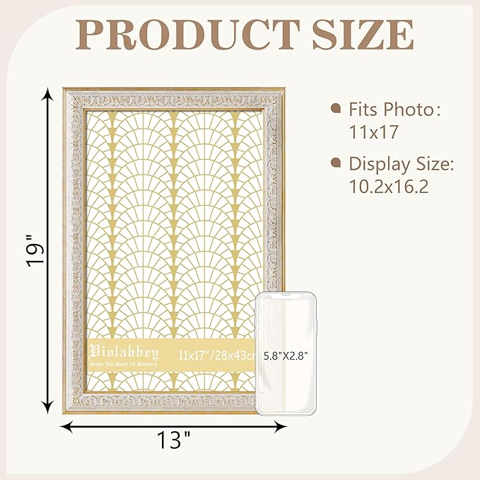 VIOLABBEY 11x17 Picture Frame White, Vintage Photo Frames Ornate without Mat for Wall Hanging