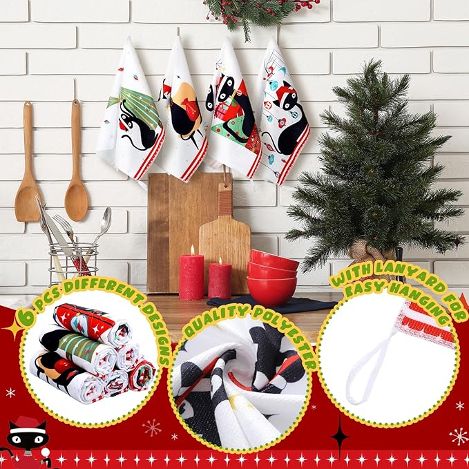 Preboun 6 Pcs Christmas Kitchen Towels Mid Century Hand Towels Atomic Cat Xmas Dish Cloth Red Green Christmas Tree Gift Box Decorative Farmhouse Tea Cloth Absorbent for Holiday Kitchen Bathroom Decor