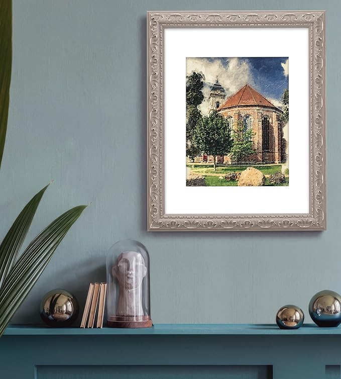 11x14 Embossed Scrollwork Distressed Wood Vintage Antique Retro Picture Frame, Display 8x10 Photos, Art Prints with Mat, Glass Cover, Weathered Grey