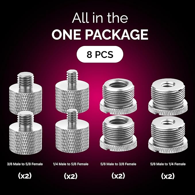 IXTECH Mic Stand Adapter Set 8 pc - Metal Tripod Adapters Female-Male 5/8-3/8, 3/8-5/8, 5/8-1/4, 1/4-5/8 ADP02 Silver