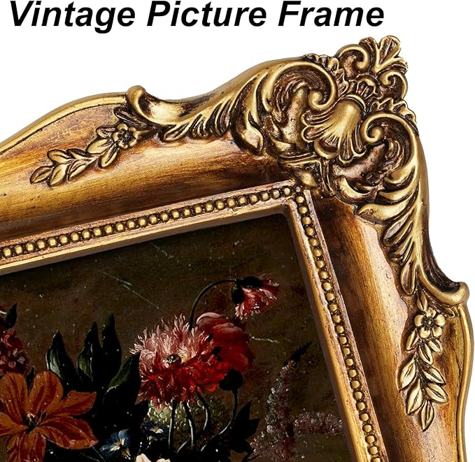 8x10 Gold Vintage Picture Frame, Ornate Baroque Gothic Victorian Frames with Mat for 5x7 or 8 x 10 Photos, Tabletop or Wall Display, Antique Home Decor Accent