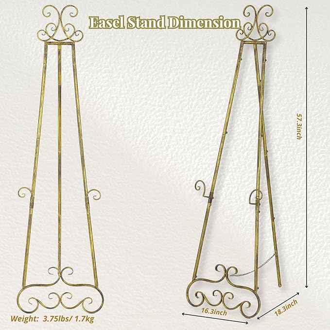 57”H Metal Easel Stand for Sign Rustic, Upgrade Large Free Standing Adjustable Display Scroll Easel Stand, Heavy Duty for Mirror Pictures Wedding Holder Showcasing with Chain Support