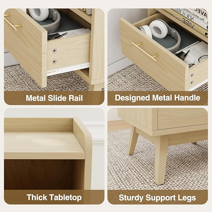 Night Stand with Drawer & Open Storage Shelf, Small Wooden Nightstand with Raised Edge, Mid Century Modern Side Table with Solid Wood Feet, Metal Handle for Bedroom Natural