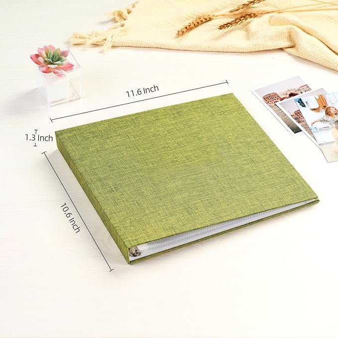 Mublalbum 10x10 Inch Large 3 Ring DIY Scrapbook Photo Album with 20 Plastic Sleeves 40 Pages Linen Cover Folder Binder for Baby Travel Wedding Anniversary and DIY Projects (Green)