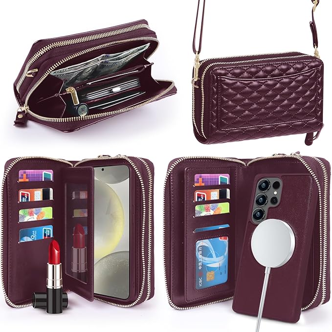 Harryshell Compatible with Samsung Galaxy S26 Ultra Case Wallet Multi Zipper Detachable Removable Cover Purse with Card Slots Holder Mirror Crossbody Strap (Compatible with Magsafe-Burgundy)