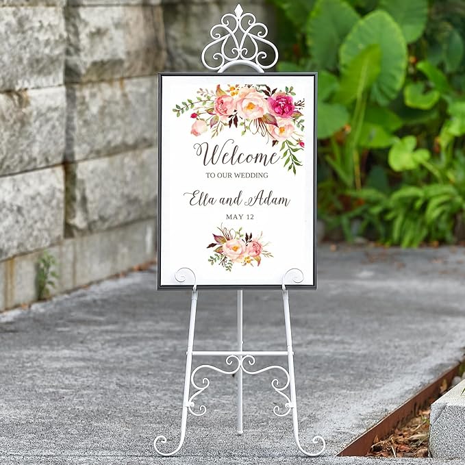 59" H Metal White Easel Stand for Sign, Large Adjustable Free Standing Scroll Display Easel for Wedding Sign Mirror Picture Poster Holder Showcasing