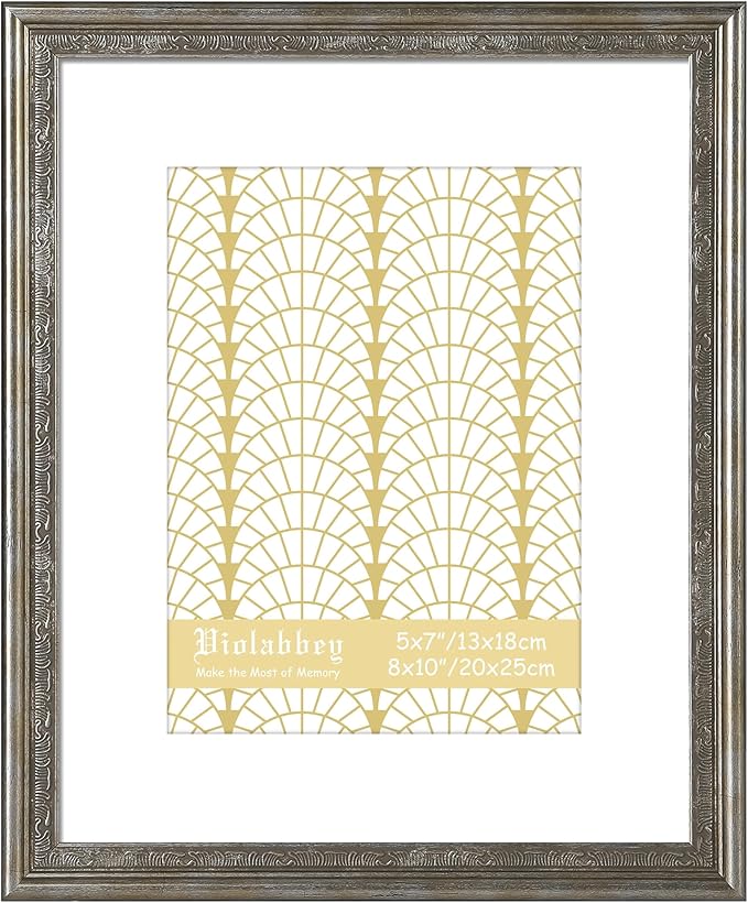 VIOLABBEY 8x10 Silver Picture Frame, Display 5x7 Photo with Mat or 8x10 without Mat, Ornate Vintage 8 x 10 Frame for Wall Decor or Tabletop Display, Silver