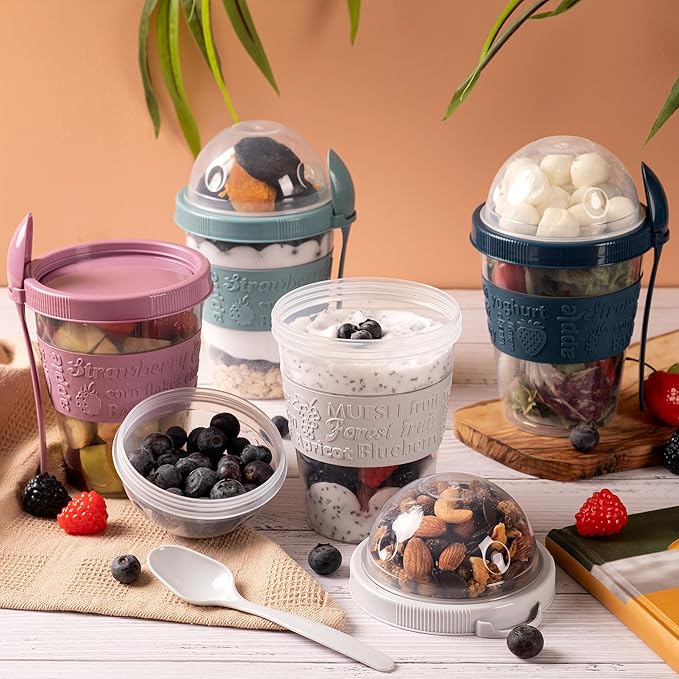 Crystalia 4 Pack 20 oz On The Go Yogurt Parfait Cups with Lids & Spoons, Reusable Yogurt Containers, Take and Go Cup with Topping Cereal or Oatmeal Container, New Colorful Set