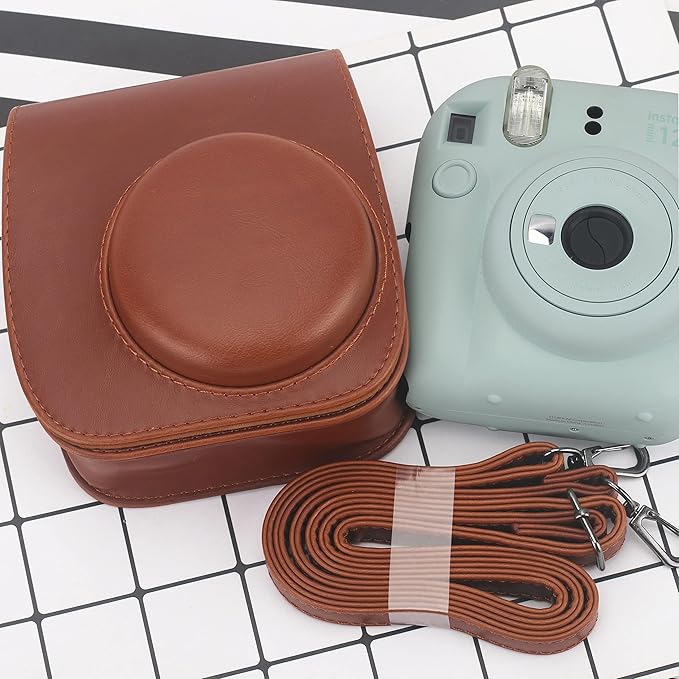 Frankmate Protective Case Compatible with Fujifilm Instax Mini 12 11 9 8 Instant Film Camera with Pocket and Adjustable Strap (Brown)