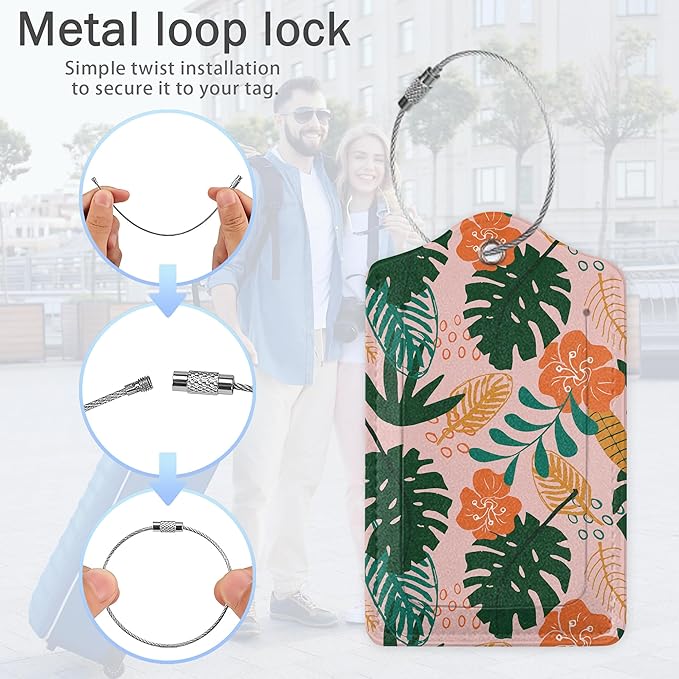 3 Pack Palm Leaves Luggage Tags,Tropical Flowers PU Leather Luggage Tags for Suitcase,Name ID Labels with Privacy Cover Suitcases and Metal Loop for Travel Bag Suitcase