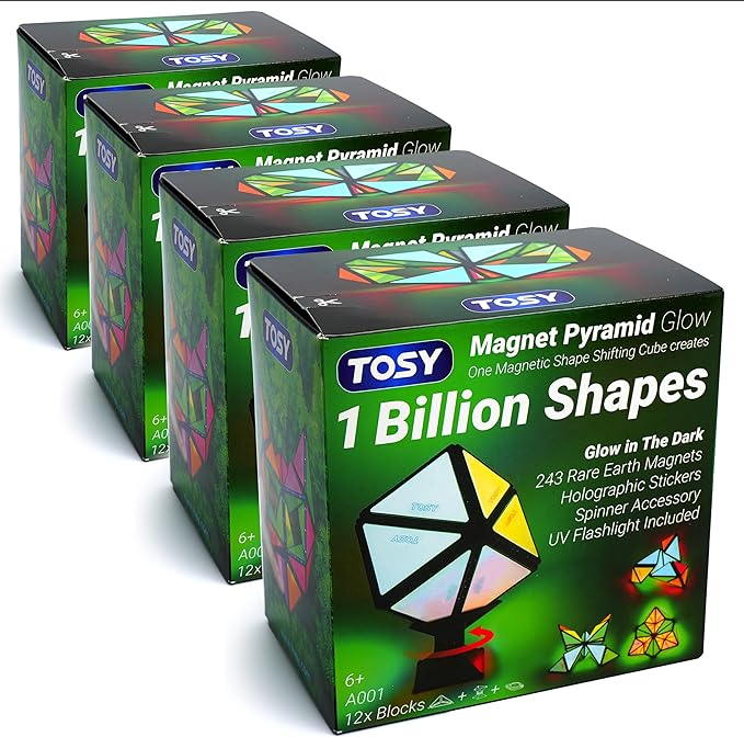 TOSY Magnet Pyramid Glow - 1 Cube Transforms into 1 Billion Shapes (Bunny, Egg Basket, Flowers, Heart), Easter Valentine Gift, 12 pcs, 243 Magnets, Glowing, Holographic Design, Puzzle/STEM Toy, 4-pack