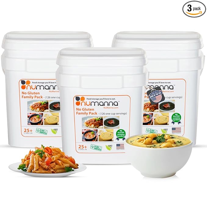 Numanna No-Gluten Family Pack Bucket – 378 Servings | 25-Year Shelf Life | 3-Months Non-Perishable Meal Kit | Emergency Food Supply, Everyday Use, Quick-Prep Survival Meals | Made in USA | Pack of 3