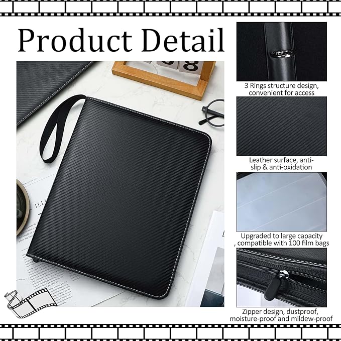 Feifeiya 2 Pack Acid Free Film Protector Storage Box 3 Ring Film Negative Sleeves Binder Preservers Portfolio Folder for Artwork Leather Storage Zipper Binder Box for 120 and 135 35 mm Negative