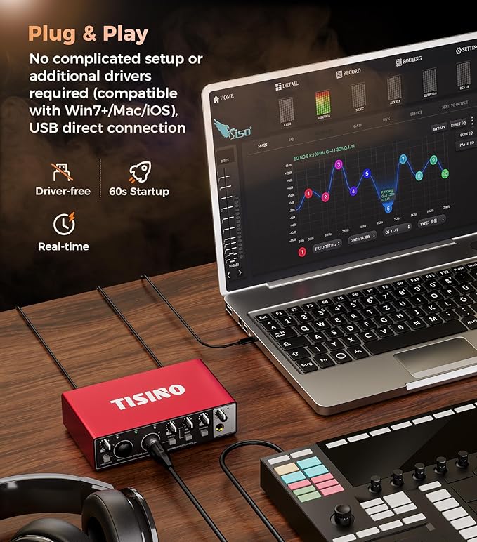 TISINO Audio Interface 24Bit/192kHz, USB Audio Interface for Recording, Songwriting, Streaming and Podcasting, Plug & Play Studio Interface with 48V Phantom Power, PC/Mac/iOS Compatible,RED