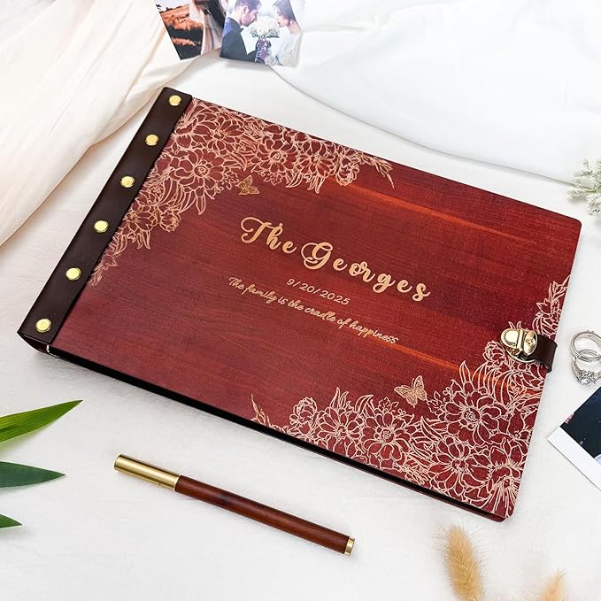 Personalized Wooden Family Photo Album, Custom Wedding Photo Album Scrapbook, Couples Scrapbook Retro Memorial Guest Book, Anniversary Birthday Memorial Gift
