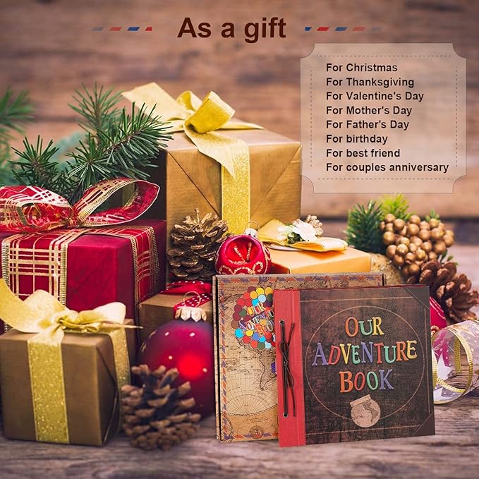 Big Size 12x12 Inch 60 Pages Scrapbook Photo Album,Our Adventure Book 3D Retro Embossed Letter Hard Cover Movie Up Travel Journal Memory Book For Couples,For Best Friend Gift