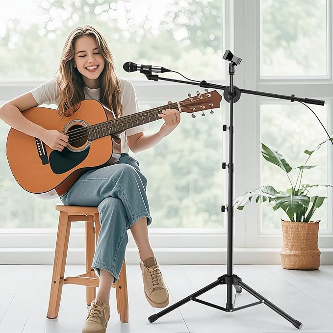 Microphone Stand Floor 2 Mic Clips Foldable Mic Stands Heavy Duty Tripod Boom Arm with 2 Screws Adapter 2 Foam Covers and Carrying Bag for Singing Karaoke Stage HLS03