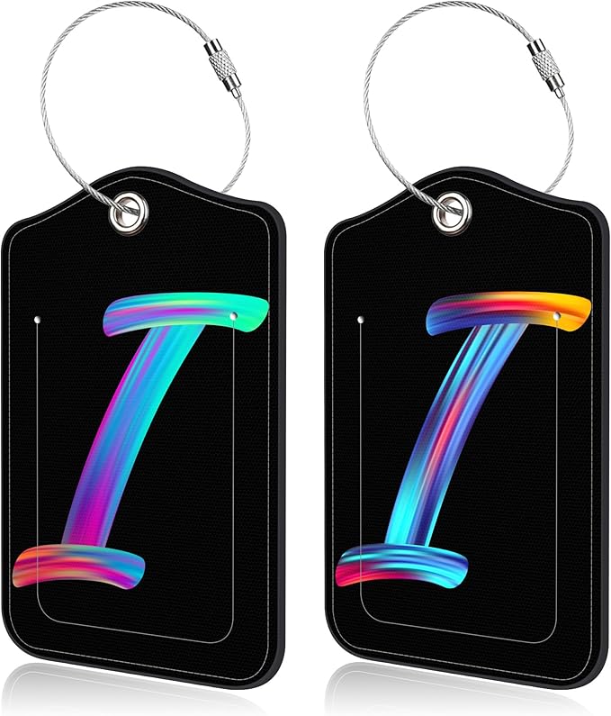 Luggage Tags for Suitcase,2 Pack Neon Colorful Letters Luggage Tags,Leather Baggage Tags Identifiers with Privacy Name Address Labels and Metal Loop for Women Men Girls Travel,Letter I