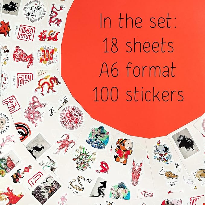 BulbaCraft 100Pcs Chinese New Year Stickers - Chinese Zodiac Stickers, Lunar New Year Decals, Gifts for Women & Men
