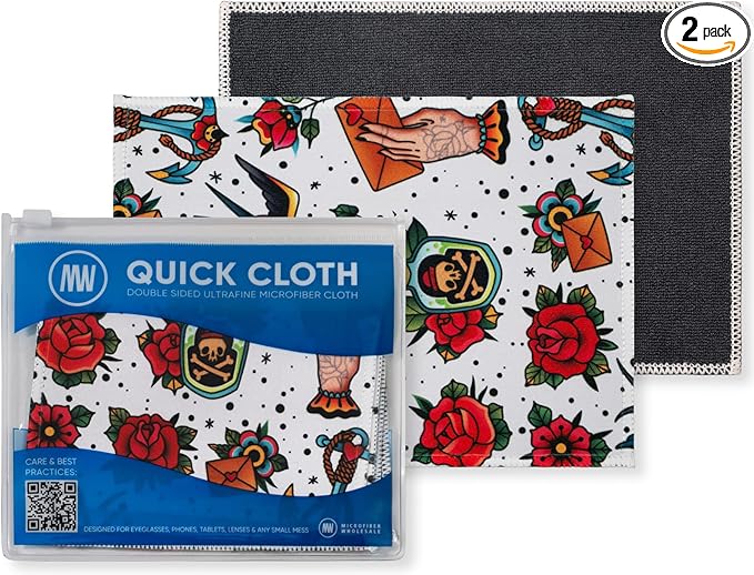 Quick Cloth Microfiber Glasses Cleaning Cloths – 5x7, Tattoo, 2 Pack with Case | Double-Sided Lens Cleaner for Eyeglasses, Camera, Screens & Glass | Reusable Microfiber Glass Polishing Cloths