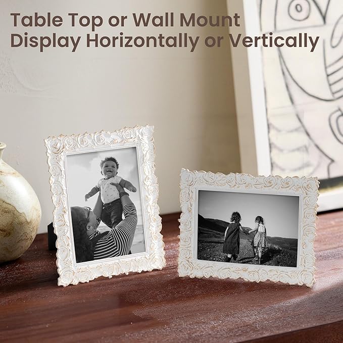 Axeman Antique Picture Frame 5x7 | Vintage 5 x 7 Picture Frame with Real Glass | Ornate Rose 5x7 Frame for Wall & Tabletop Display | White Gold 5 by 7 Frame - White Gold