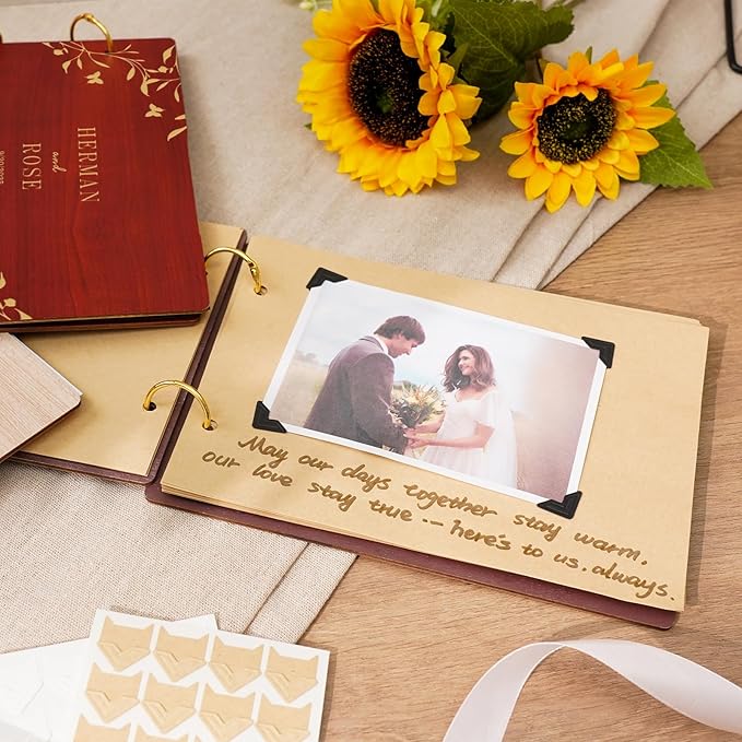 Custom Wedding Scrapbook Album, Personalized Wooden Wedding Photo Album Carved Flowers and Names, Anniversary Scrapbook Birthday Engagement Keepsake Gifts