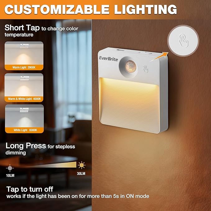 EverBrite Rechargeable Square Motion Sensor LED Night Light, Motion Activated LED Night Light with 3 Lighting Modes, Touch Control, 3 Color Temperatures & Dimmable, for Hallway, Bedroom, 6 Pack