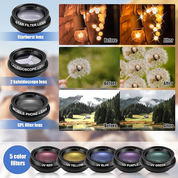 16 Pcs Phone Camera Lens Kit 16 in 1 with Selfie Light Universal Clip on Cell Phone 198 Degree Fisheye Wide Angle Macro Kaleidoscope CPL Lens Attachments Compatible with Most Phones