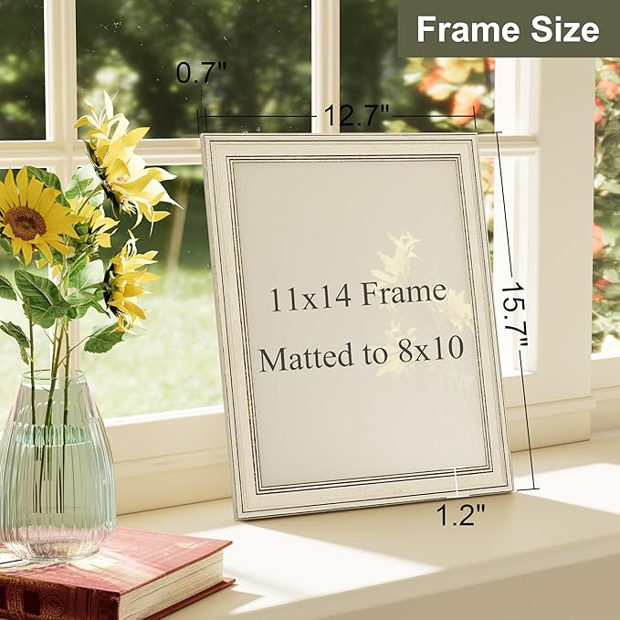 Vittanly 11x14 Picture Frame Set of 4, Vintage Photo Frame for Wall Mount, Display 8x10 Pictures with Mat or 11x14 without Mat, Rustic Farmhouse Home Decor, Rustic White
