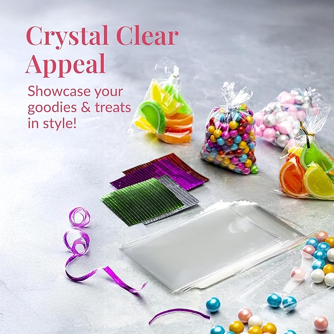 Prestee 200 Pack Clear Plastic Cellophane Bags - 4x6 with 4" Twist Ties, Candy & Cookie Bags, Treat Bags with Ties, Clear Gift Bags (Pack of 200)