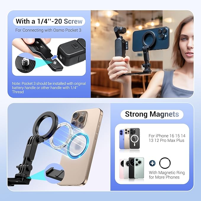 Magnetic Phone Holder for DJI Osmo Pocket 3 Xtra Muse,Cellphone Pocket3 Mount Accessories with Arca Swiss Design & 1/4"-20 & Angle Adjust Phone Stand for Pocket3 Creator Combo,for Tripod Selfie Stick