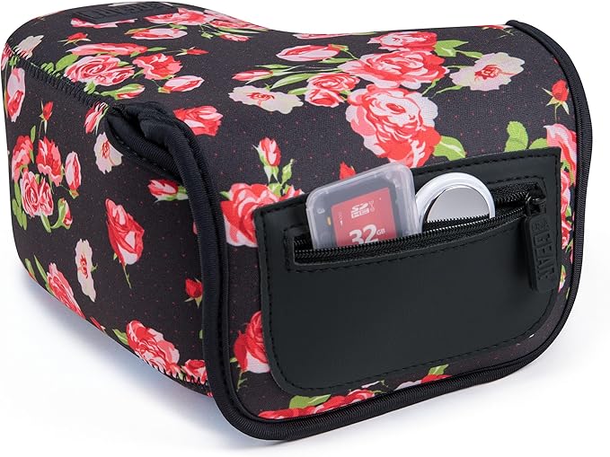 USA Gear Camera Sleeve (Large) for Mid-Size SLRs Compatible with Sony A7 V, Canon EOS R6 Mark II, Nikon Z50II & more - Padded Neoprene DSLR Case with Zipper Accessory Pocket & Belt Loop (Floral)