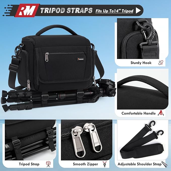 RAINSMORE Camera Bag, SLR/DSLR/Mirrorless Camera Case with Divider Tripod Holder Waterproof Sling Bag Crossbody Camera Bags for Photographers with Rain Cover for Canon/Sony/Nikon/Fuji, Black
