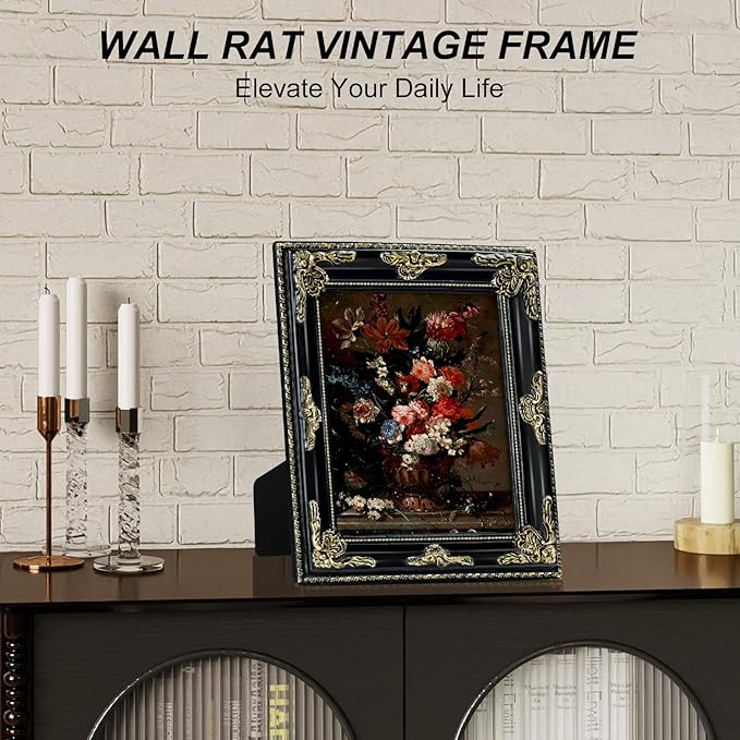 8x10 Black Vintage Picture Frame Ornate Baroque Gothic Victorian Frames with Mat for 5x7 or 8 x 10 Photos, Tabletop or Wall Display, Antique Home Decor Accent