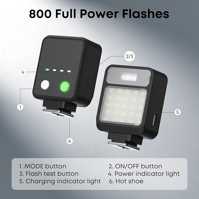 XIAOTJ Camera Mini Flash Speedlite w Video Light, 800+ Flashes/GN8 6500K/4 Power Levels w Single-Contact Hot Shoe, Camera Flash Compatible with Nikon/Canon/Sony zv1/zve10/Fujifilm, NOT for Sony ZV-1F