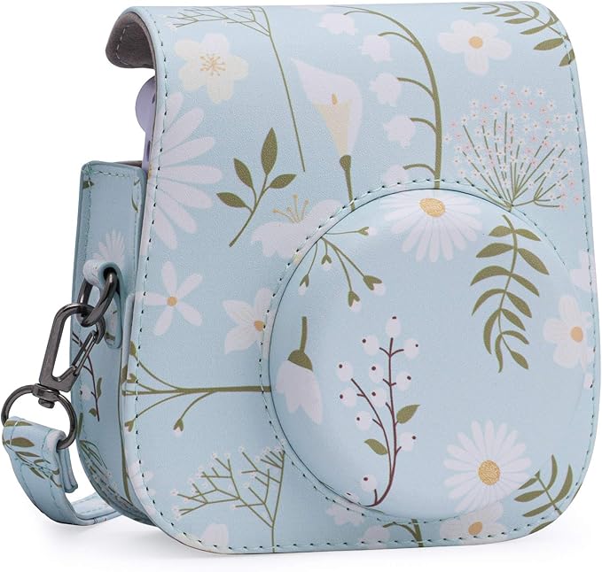 Frankmate PU Leather Camera Case Compatible with Fujifilm Instax Mini 11 12 Instant Camera with Adjustable Strap and Pocket (Chrysanthemum)