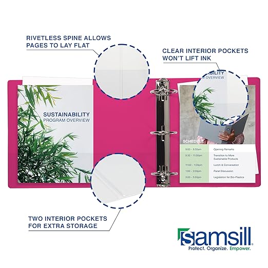 Samsill Durable 1 Inch Binder, Made in The USA, D Ring Binder, Customizable Clear View Cover, Magenta, Holds 225 Pages