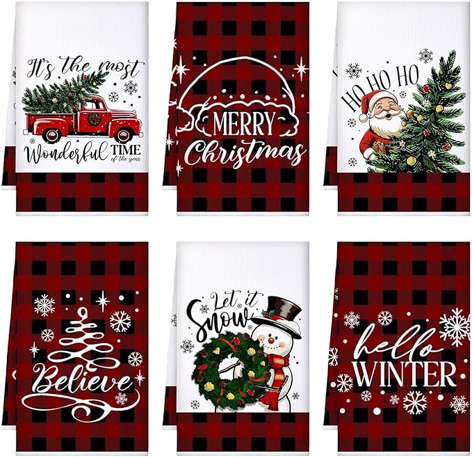 Preboun 6 Pcs Christmas Kitchen Towels Buffalo Check Plaid Dish Towels Winter Hand Towels Farmhouse Tea Towels Housewarming Gifts for Xmas Holiday Home Kitchen Decor