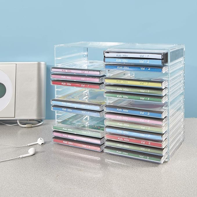 STORi Stackable Clear Plastic CD Organizer with Rubber Feet | Rectangular Jewel Cases Holder Perfect for Theatre Room | Holds up to 30 CD Cases | Made in USA