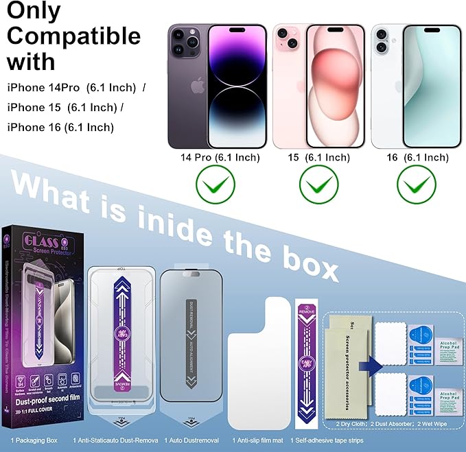 SHANG PIN JIA 2 Pack Matte Screen Protector for iPhone 16 and 14 Pro 6.1-Inch Auto Dust Removal, No Bubbles, Tempered Glass Film, Easy Installation