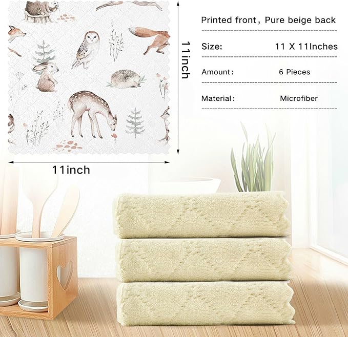 CaTaKu Watercolor Woodland Animals Kitchen Cloths, 6 Pack Reusable Dish Rags for Washing, Microfiber Cleaning Cloths Dish Towels Washcloths for Kitchen Drying