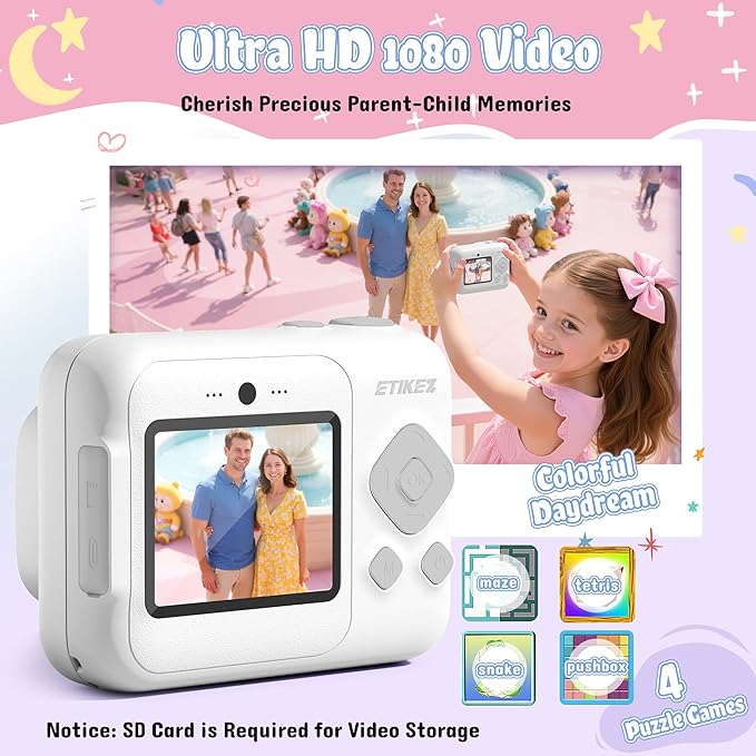ETIKEZ Kids Camera, 1080P Instant Digital Print Camera for Kids, Christmas Birthday Gifts for 4 5 6 7 8 9 10 Year Old Girls Boys, Portable Toy with 32GB SD Card & 3 Rolls Printing Paper, White