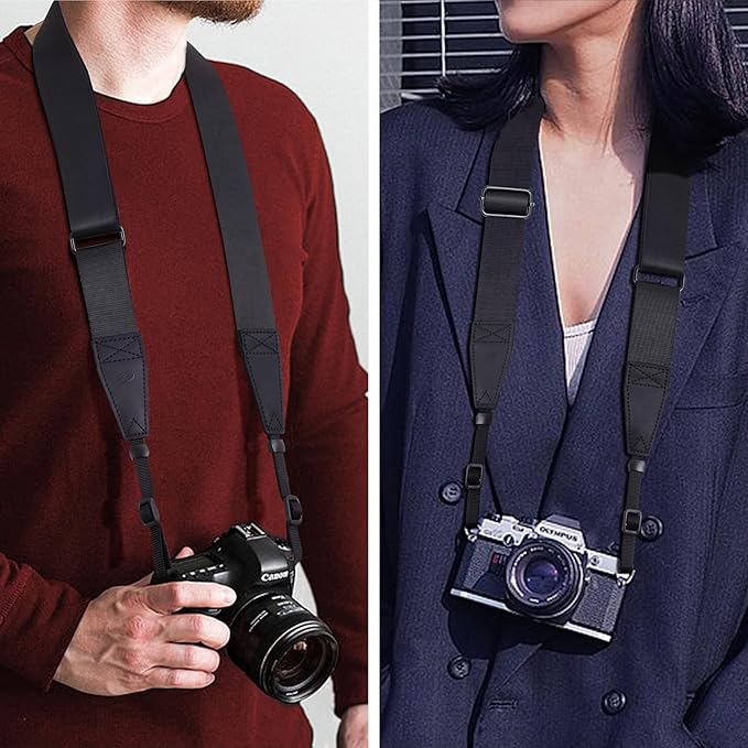 Padwa Lifestyle Black Adjustable Camera Strap - 1.5" Top Layer Cowhide Head Camera Straps for Photographers, Nylon Adjustable Neck Shoulder & Crossbody Strap Quick Release for All Cameras