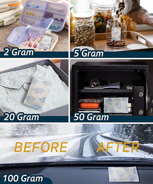 5 Gram (100 Pack) Color-Indicating Silica Gel Packets, Each 5 Pack Individually Sealed, Food Grade Desiccant - Rechargeable Moisture Absorbers for Food Storage, Electronics, 3D Filament & Safes